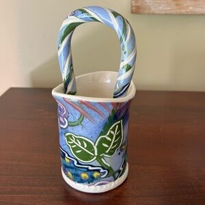 Lucinda Pittman Handmade Art Pottery Ceramic Basket Vase Colorful Flowers Leaves